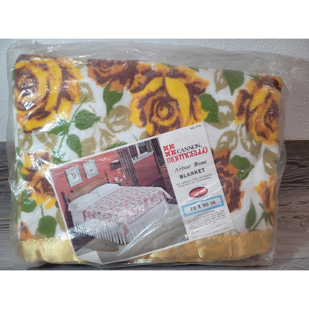 Vintage Blanket Arbor Rose 72x90 blend gold santin trim gold roses made USA